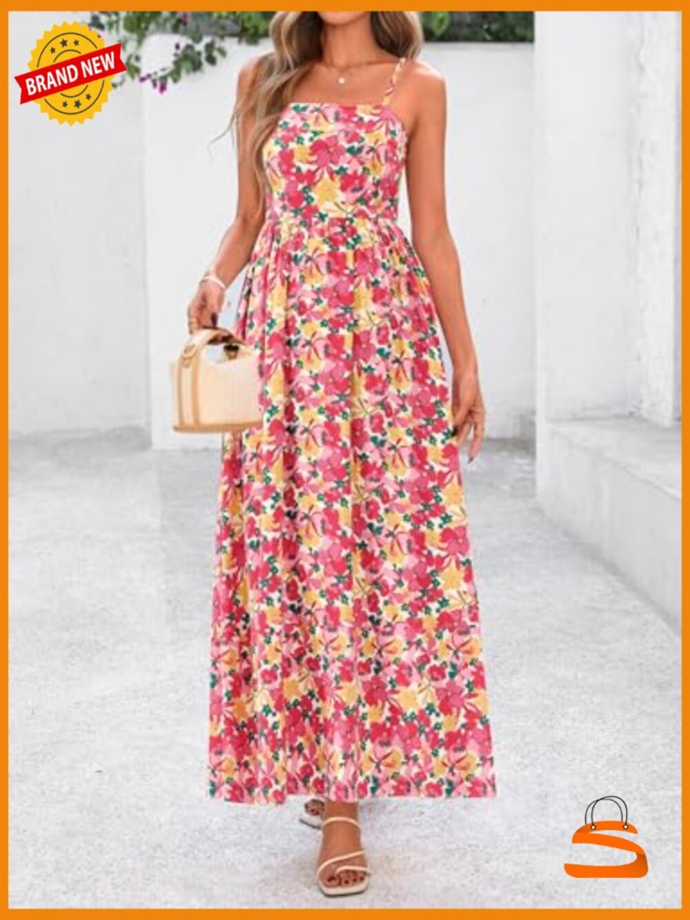 Spaghetti Strap Flowy Maxi Dress Square Neck Smocked Back Boho Wedding Guest - Picture 4 of 7